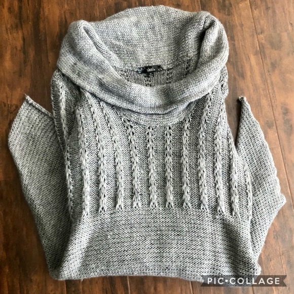Asymmetrical Gray Sweater w/Hanging Cowl Neck - Picture 2 of 4